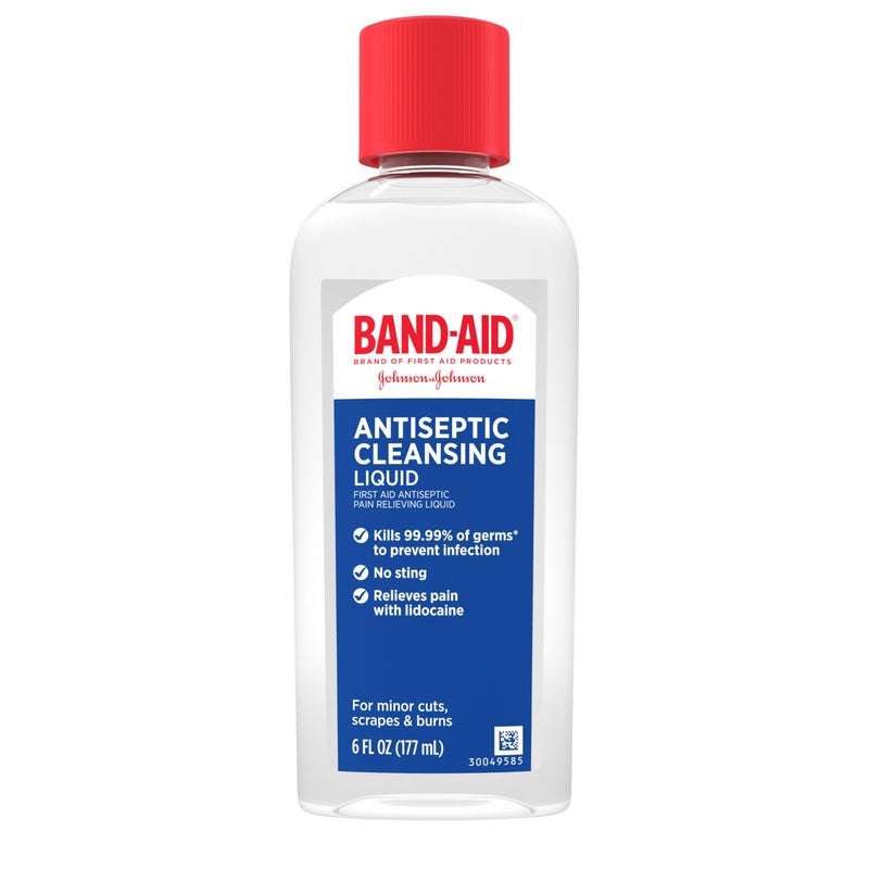 Band-Aid سائل تنظيف مضاد للجراثيم من علامة باندايد، غسول مضاد للجراثيم للإسعافات الأولية يخفف الألم ويقتل الجراثيم، مع مضاد الجراثيم بنزالكونيوم كل و مسكن موضعي ليدوكائين هيدروكلوريد، 6 أونصة سائلة - Image 1