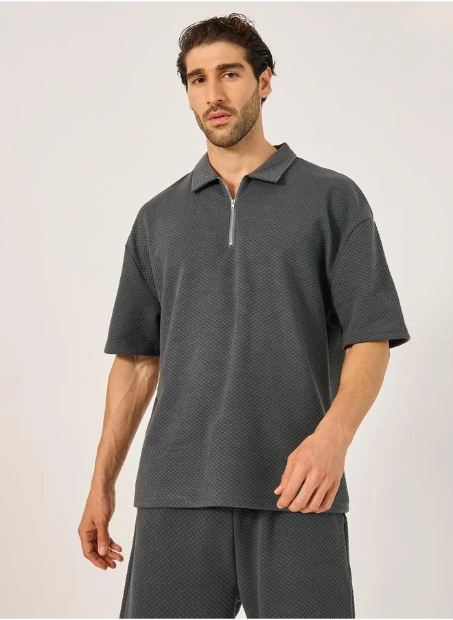 ستايلي Styli Textured Relaxed Fit Polo T-Shirt and Shorts Co-Ords