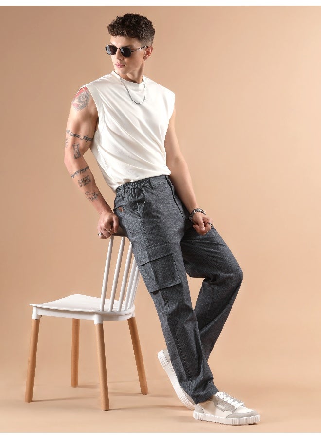 Beyoung Dark Grey Striped Side Elasticated Cargo Trousers  - Image 4