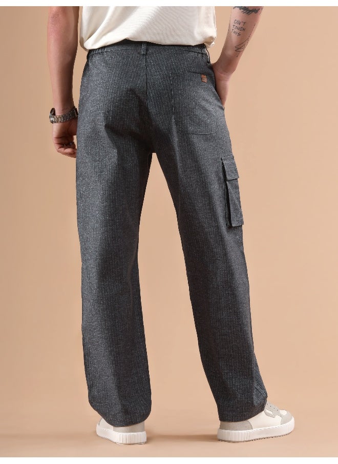 Beyoung Dark Grey Striped Side Elasticated Cargo Trousers  - Image 1
