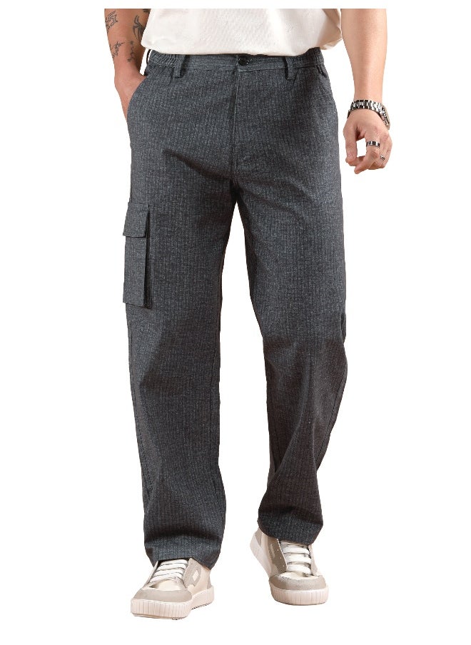 Beyoung Dark Grey Striped Side Elasticated Cargo Trousers  - Image 3