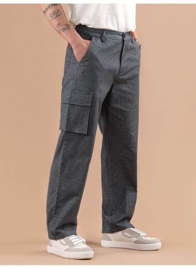 Beyoung Dark Grey Striped Side Elasticated Cargo Trousers  - Image 2