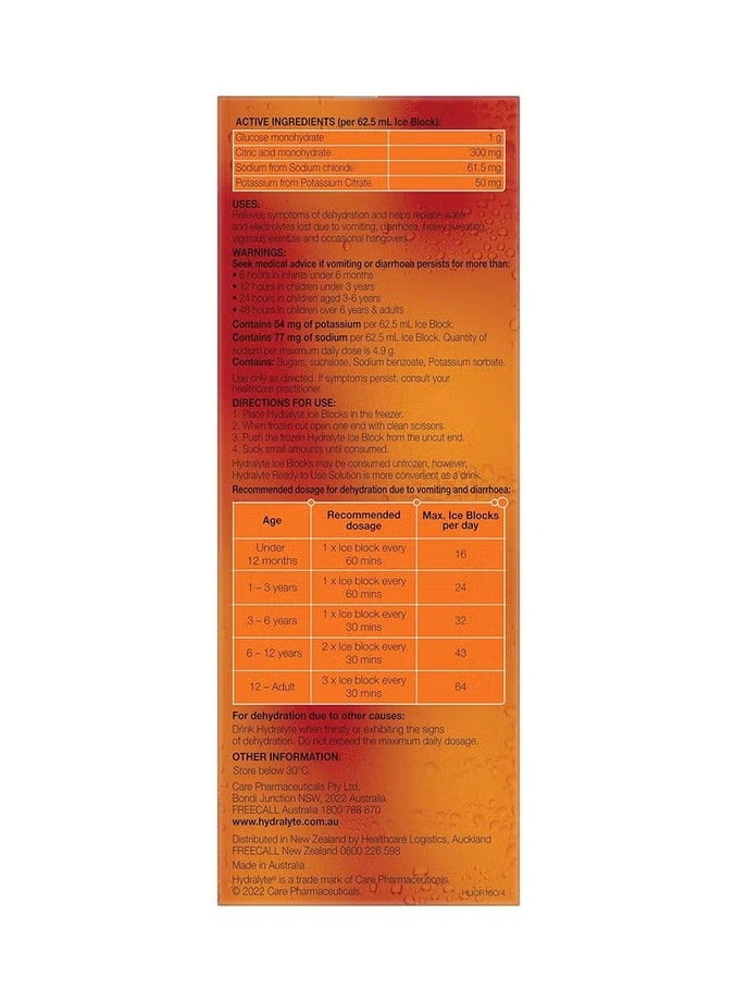 Hydralyte Electrolyte Ice Blocks For Dehydration  62.5ml, Orange Flavor, Pack of 16's - Image 2
