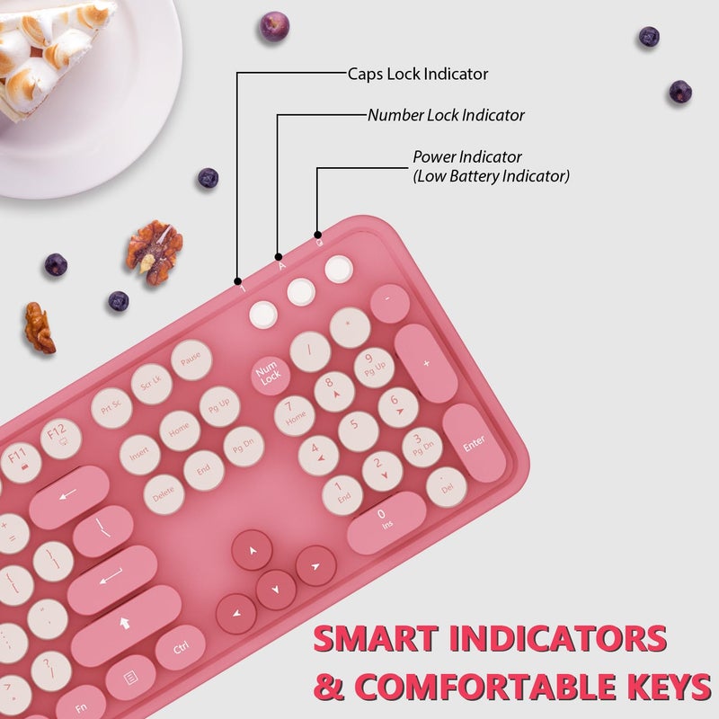 Kootop Wireless Keyboard,KOOTOP Cute Colorful 104 Keys Typewriter Retro Round Keycaps Keyboard for PC Laptop,Desktop,Windows, Home and Office Keyboards(Pink) - Image 2