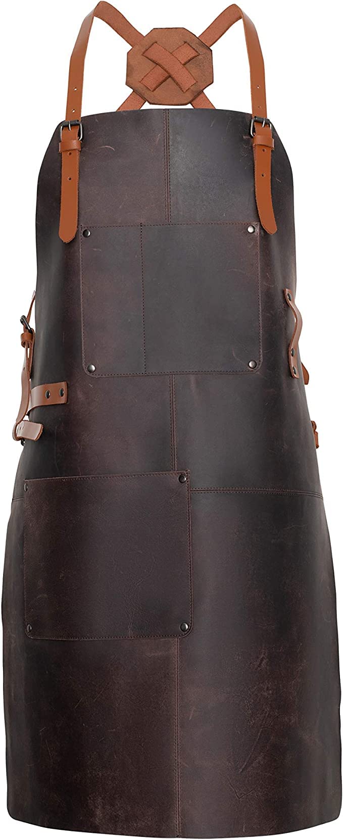 Theodore Theodore Leather Apron - Full Grain Cow Leather with Crossback Leather Straps. Ideal as Barbecue, Chef or Woodworking Apron. Has 2 Pockets. Front Straps to Hold Tools. Adjustable to Fit Men and Women  - Image 1