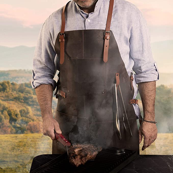 Theodore Theodore Leather Apron - Full Grain Cow Leather with Crossback Leather Straps. Ideal as Barbecue, Chef or Woodworking Apron. Has 2 Pockets. Front Straps to Hold Tools. Adjustable to Fit Men and Women  - Image 2