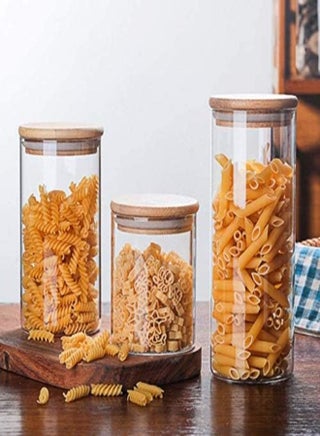 Lushh Glass Storage Jar With Air Tight Bamboo Lid, Borosilicate Kitchen Food Storage Container Set For Candy Cookie Rice Sugar Flour Pasta Nuts, 3Pcs Set S-450 Ml/M-750 Ml/L -1200 Ml