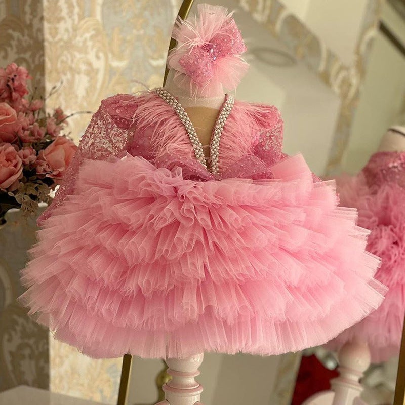 Princess Dress V-Neck Long Sleeve for Girls Pink 
