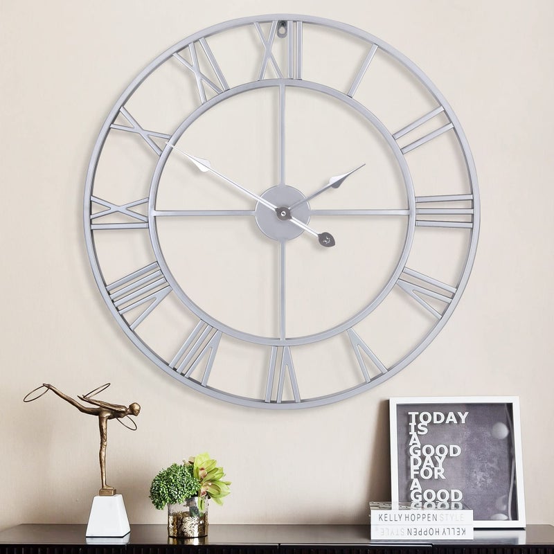 1st owned Large Wall Clock Metal Retro Roman Numeral Clock Modern Round Wall Clocks Almost Silent Easy to Read for Living RoomHomeKitchenBedroomOfficeSchool Decor Silver 32 Inch