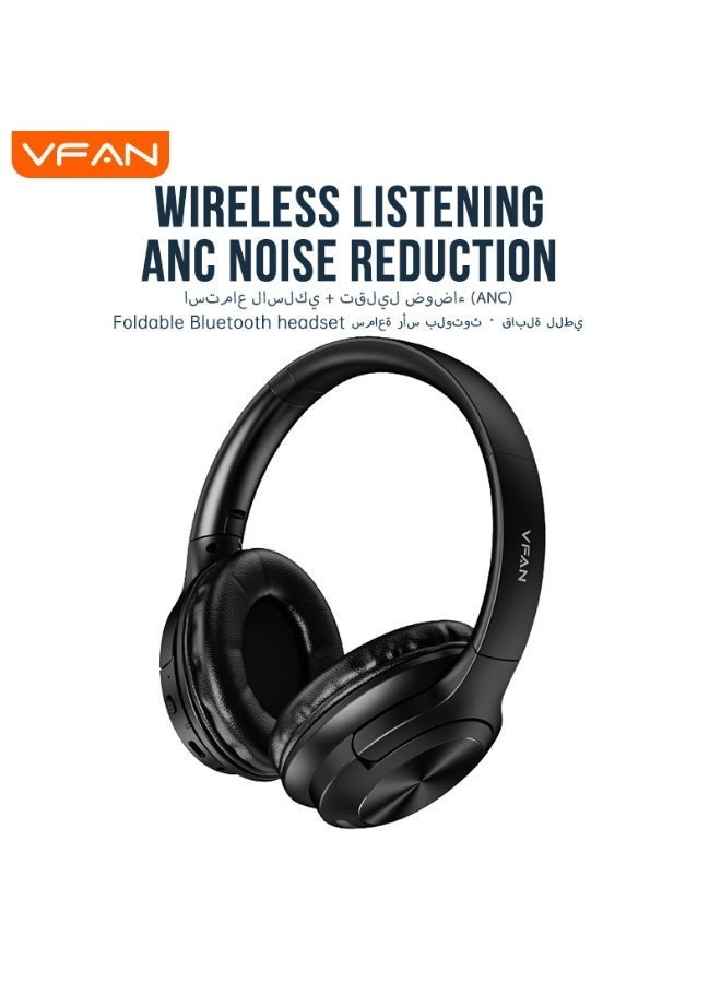 VFAN Wireless Over-Ear Headphones with Active Noise Cancelling (ANC), 70H Playtime, Bluetooth 5.3, Deep Bass & Soft Earpads - Black - Image 1