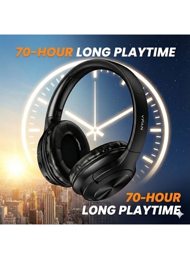 VFAN Wireless Over-Ear Headphones with Active Noise Cancelling (ANC), 70H Playtime, Bluetooth 5.3, Deep Bass & Soft Earpads - Black - Image 4
