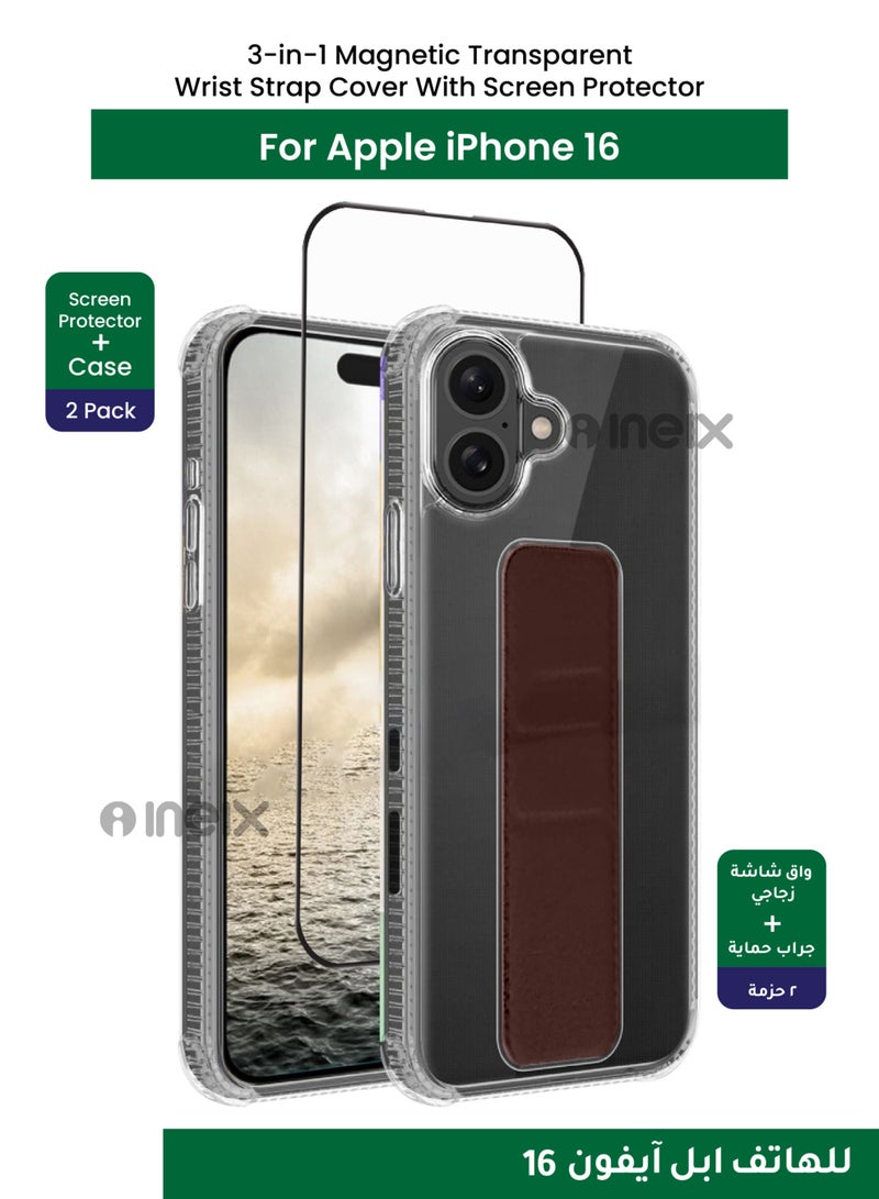 إينيكس جراب حماية شفاف 3 في 1 مغناطيسي ذو مسند للهاتف وسوار لأصابع اليد مع شاشة حماية لكامل الجسم لهاتف ابل آيفون 16-شفاف/بني