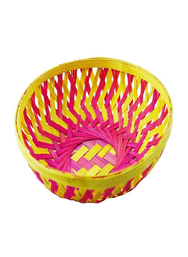 SAI PRASEEDA Natural Bamboo Decorative Small Round Baskets - Pack of 6 (Pink & Brown, 18 x 18 x 6 cm) | Handwoven Bamboo Trays for Hampers, Festive Gifting, Home Decor, Storage & Return Gifts SML - Image 5