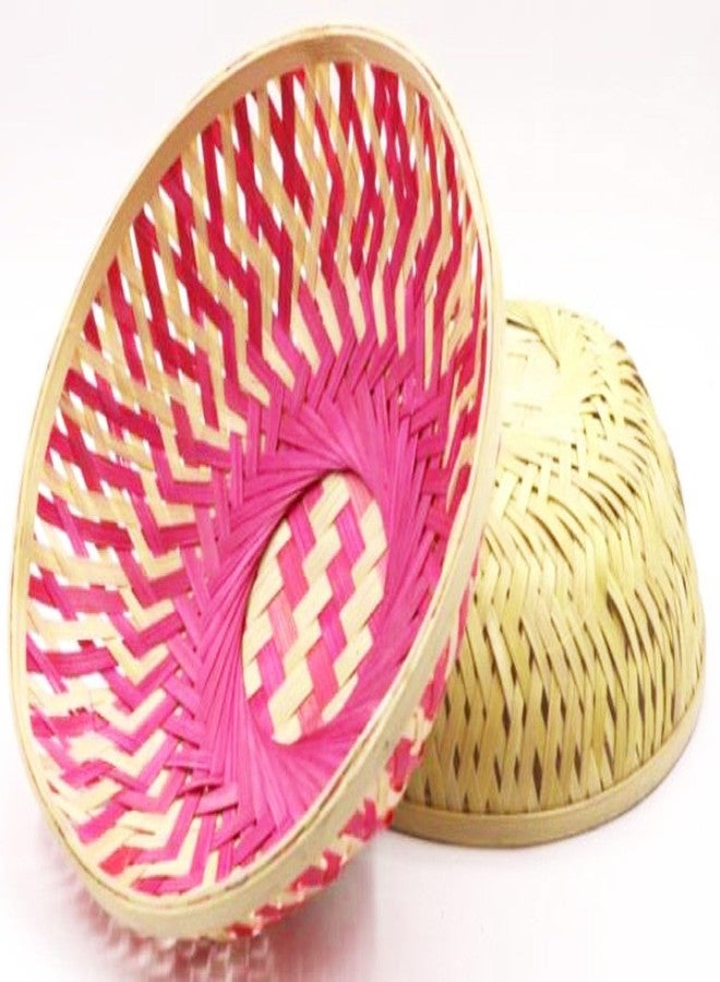 SAI PRASEEDA Natural Bamboo Decorative Small Round Baskets - Pack of 6 (Pink & Brown, 18 x 18 x 6 cm) | Handwoven Bamboo Trays for Hampers, Festive Gifting, Home Decor, Storage & Return Gifts SML - Image 4