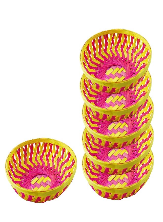 SAI PRASEEDA Natural Bamboo Decorative Small Round Baskets - Pack of 6 (Pink & Brown, 18 x 18 x 6 cm) | Handwoven Bamboo Trays for Hampers, Festive Gifting, Home Decor, Storage & Return Gifts SML - Image 3