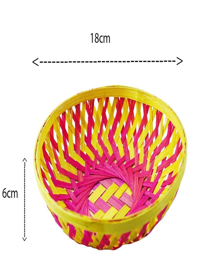 SAI PRASEEDA Natural Bamboo Decorative Small Round Baskets - Pack of 6 (Pink & Brown, 18 x 18 x 6 cm) | Handwoven Bamboo Trays for Hampers, Festive Gifting, Home Decor, Storage & Return Gifts SML - Image 2