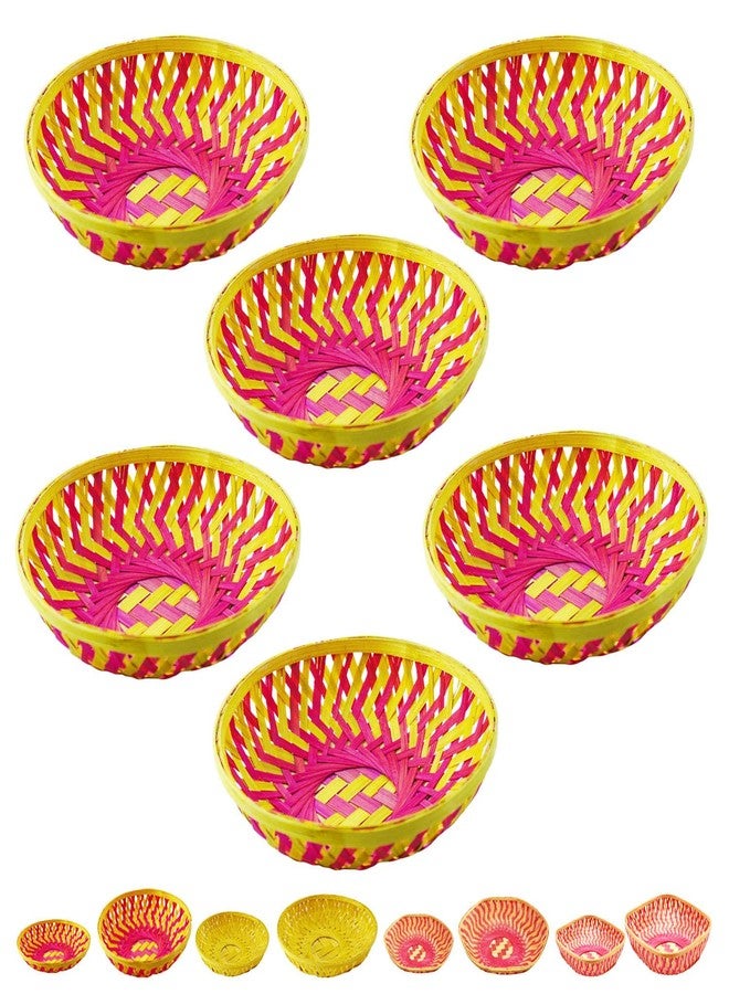 SAI PRASEEDA Natural Bamboo Decorative Small Round Baskets - Pack of 6 (Pink & Brown, 18 x 18 x 6 cm) | Handwoven Bamboo Trays for Hampers, Festive Gifting, Home Decor, Storage & Return Gifts SML - Image 1