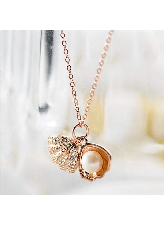 MEENAZ - MEENAZ Pendant For Girls Women Ladies girlfriend Wife Moti Shell Pearl Necklace locket long chain Rose gold Shell Necklace diamond ad cz Pendants chains western Valentine gifts Birthday lovers -356 - Image 1