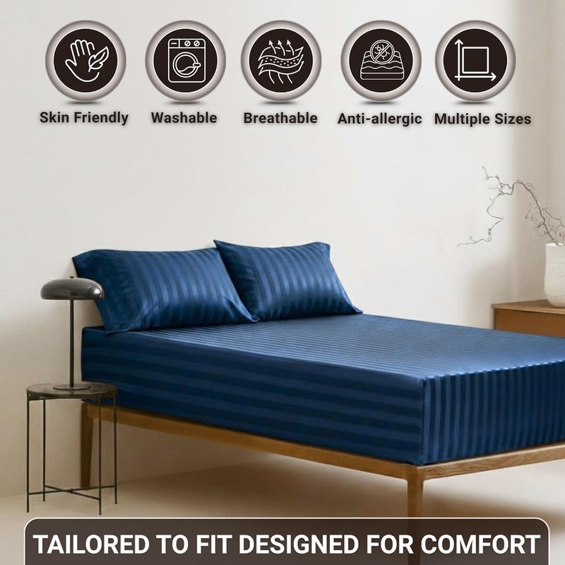 FOAM CRAFT Striped Microfiber Fitted Sheet - Navy, Queen Size (160 x 200cm) - Image 4