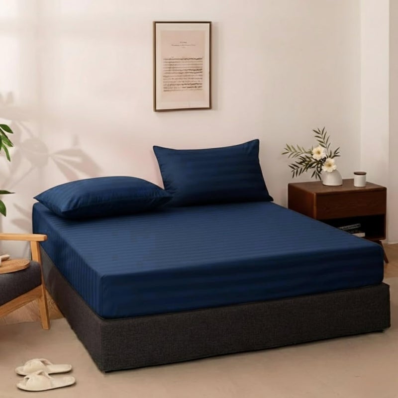 FOAM CRAFT Striped Microfiber Fitted Sheet - Navy, Queen Size (160 x 200cm) - Image 1