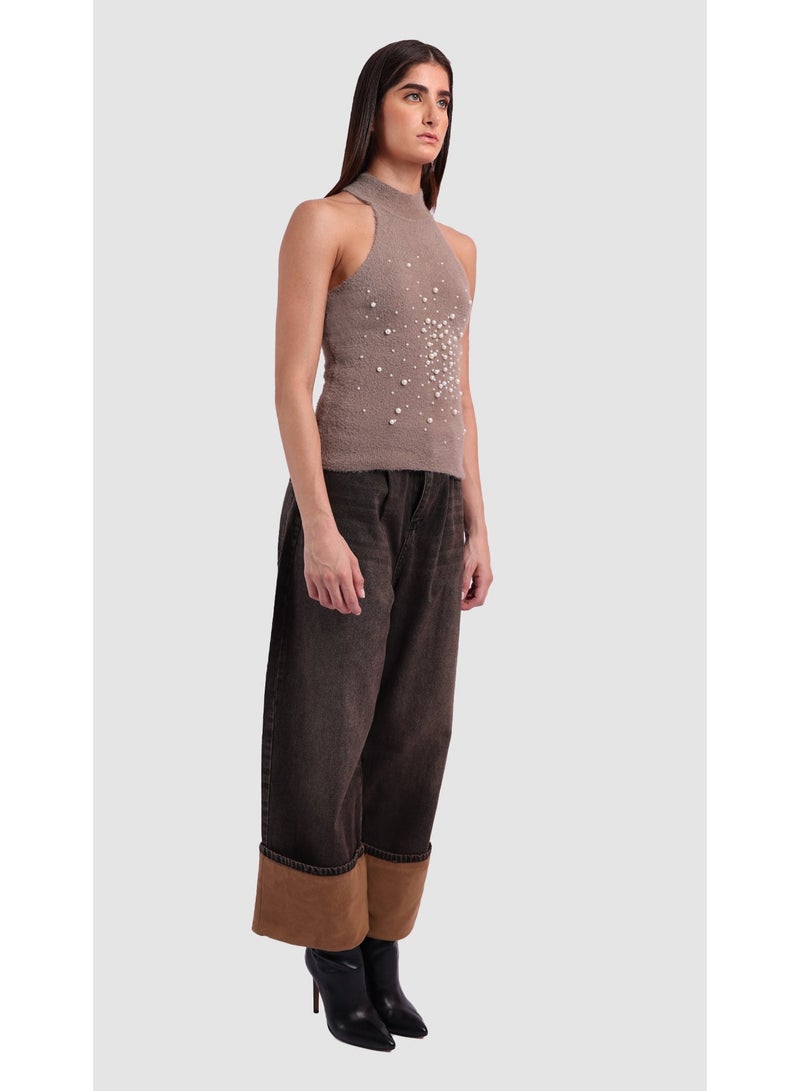 KYVELi Women’s Sleeveless Halter Knit Top with Pearl Embellishments – Brown - Image 3