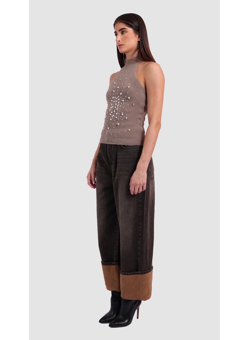 KYVELi Women’s Sleeveless Halter Knit Top with Pearl Embellishments – Brown - Image 5