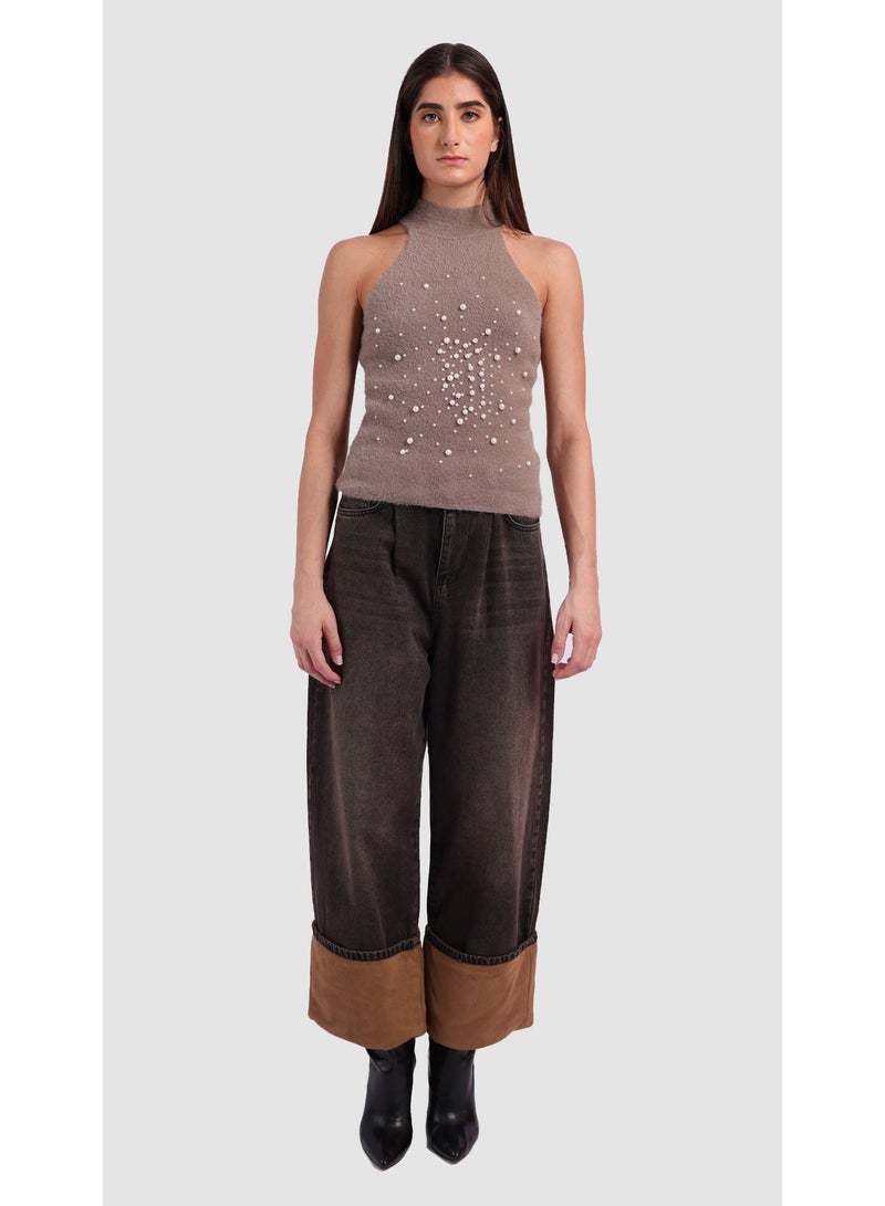 KYVELi Women’s Sleeveless Halter Knit Top with Pearl Embellishments – Brown - Image 2