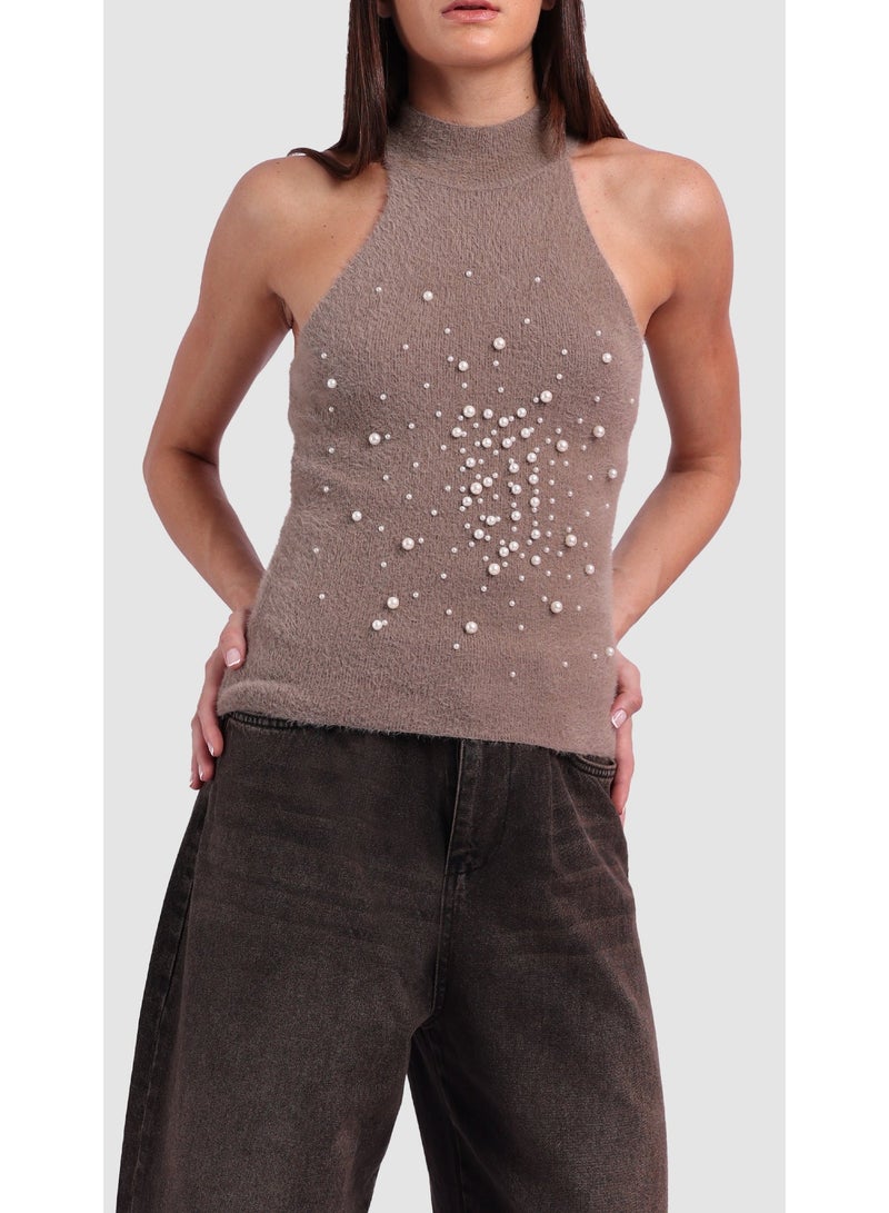 KYVELi Women’s Sleeveless Halter Knit Top with Pearl Embellishments – Brown - Image 1
