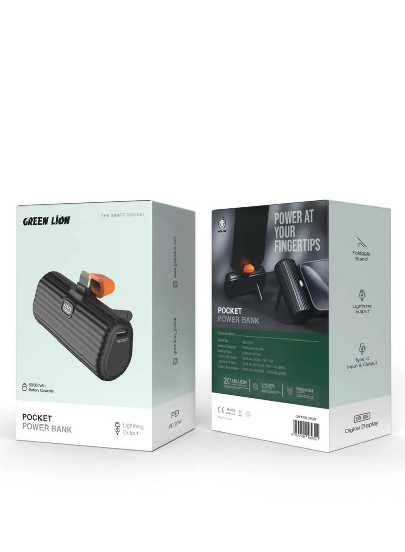 Green Lion Pocket Mini Power Bank With Lightning Connector, 5000mAh, Foldable Stand, Digital Display, For iPhone 14/13/12/11/X/XR/8/7/6/SE/ Airpods/ iPad - Black - Image 2