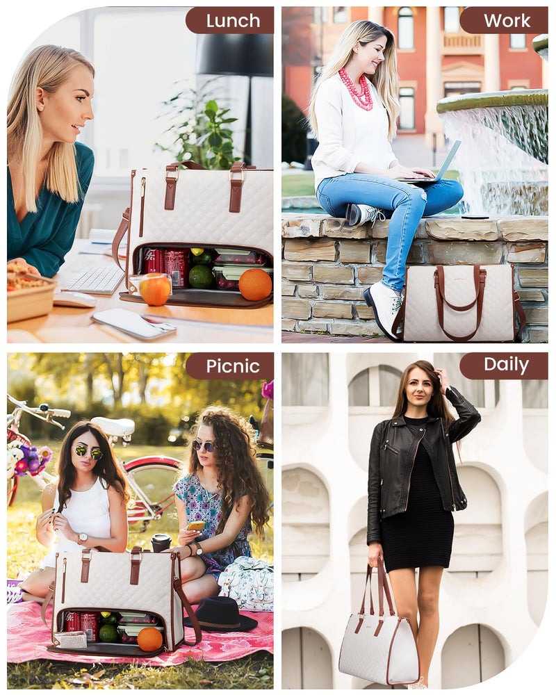 LOVEVOOK Lunch Tote Bag for Women, 15.6 Inch Laptop Bag with Insulated Lunch Compartment, Quilted Large Capacity Computer Handbag with Purse for Business, Work, Collage, Office, Casual, Beige-brown - Image 5