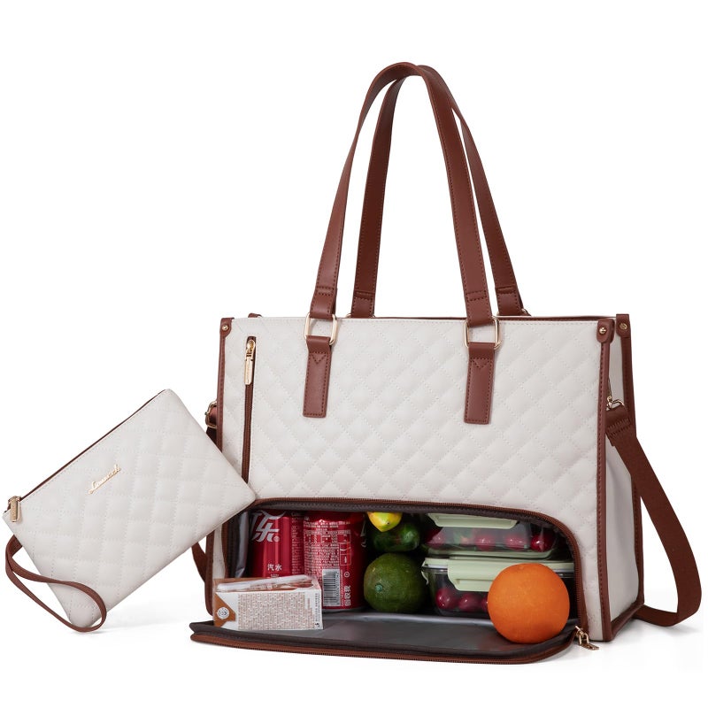 LOVEVOOK Lunch Tote Bag for Women, 15.6 Inch Laptop Bag with Insulated Lunch Compartment, Quilted Large Capacity Computer Handbag with Purse for Business, Work, Collage, Office, Casual, Beige-brown - Image 1