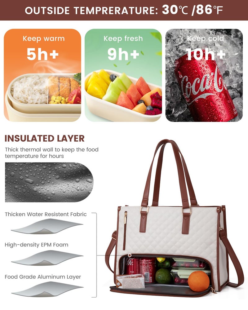 LOVEVOOK Lunch Tote Bag for Women, 15.6 Inch Laptop Bag with Insulated Lunch Compartment, Quilted Large Capacity Computer Handbag with Purse for Business, Work, Collage, Office, Casual, Beige-brown - Image 2