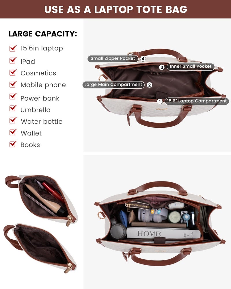 LOVEVOOK Lunch Tote Bag for Women, 15.6 Inch Laptop Bag with Insulated Lunch Compartment, Quilted Large Capacity Computer Handbag with Purse for Business, Work, Collage, Office, Casual, Beige-brown - Image 4