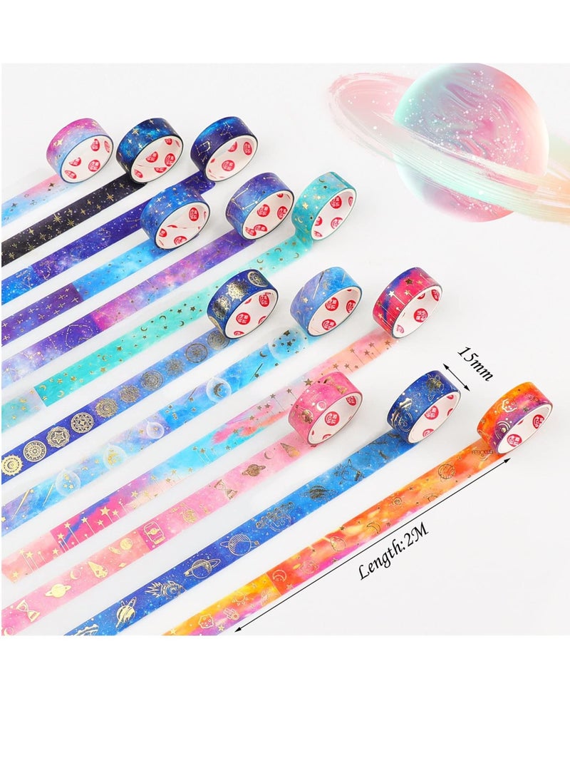 Galaxy Purple Bronzing Washi Tape, 12 Rolls DIY Hand Account Creative Decorative Stickers Handmade Accessories Gold Foil Paper Tapes with Constellations, Blue Sky, Moon, Stars, Celestial Bodies - Image 2