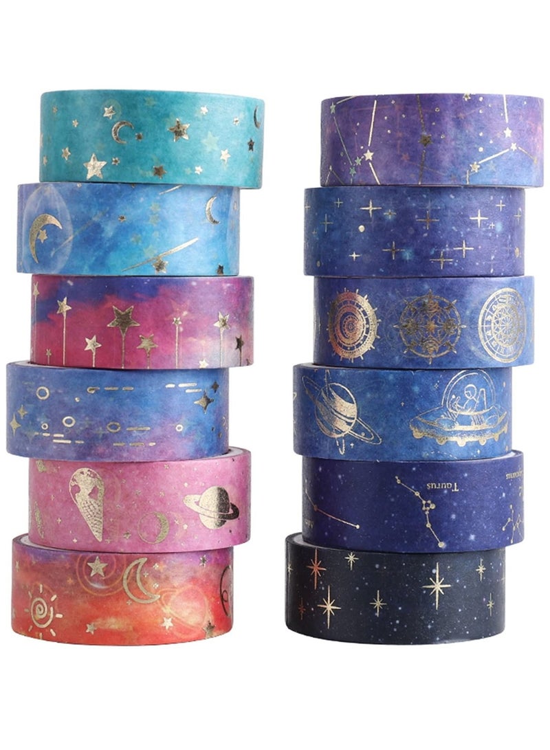 Galaxy Purple Bronzing Washi Tape, 12 Rolls DIY Hand Account Creative Decorative Stickers Handmade Accessories Gold Foil Paper Tapes with Constellations, Blue Sky, Moon, Stars, Celestial Bodies - Image 1