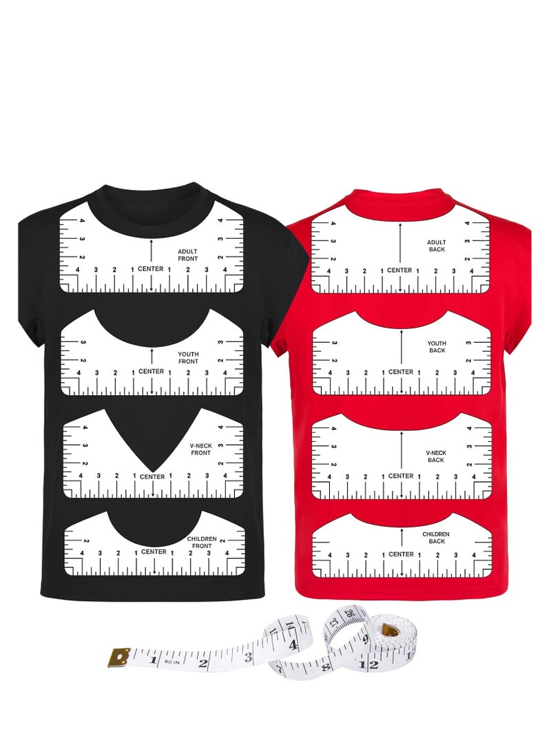 9Pcs Tshirt-Ruler Guide to Center Vinyl, Transparent V-Neck/Round PVC Ruler for Alignment, Heat Press, Children Youth Adult, Front and Back Measurement (10in) - Image 1