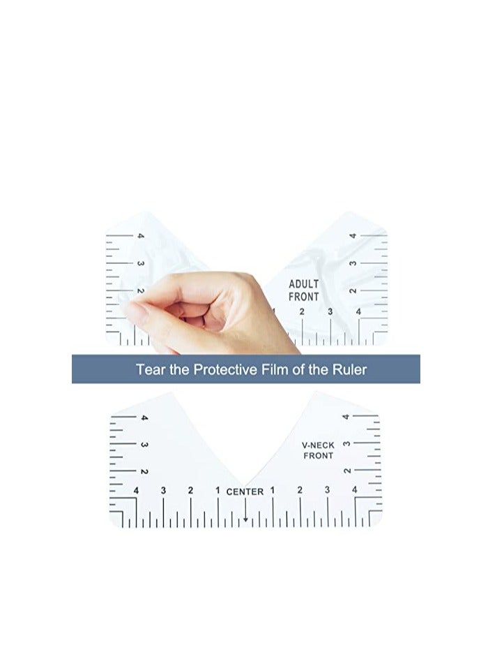 9Pcs Tshirt-Ruler Guide to Center Vinyl, Transparent V-Neck/Round PVC Ruler for Alignment, Heat Press, Children Youth Adult, Front and Back Measurement (10in) - Image 4