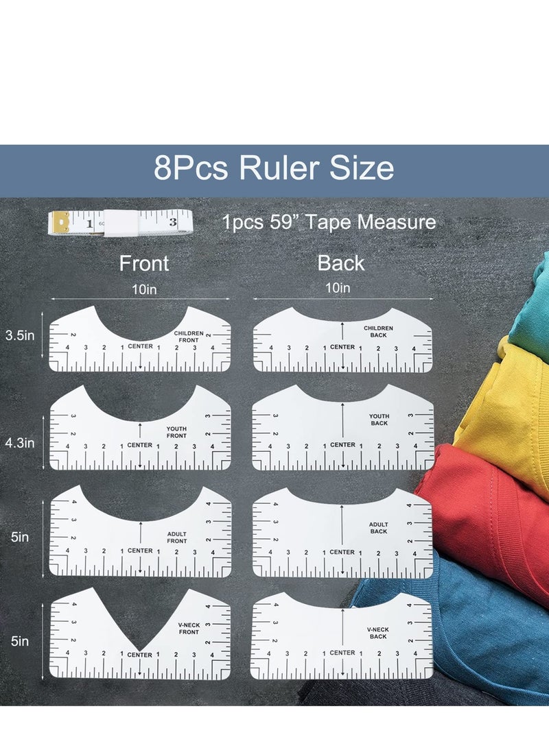 9Pcs Tshirt-Ruler Guide to Center Vinyl, Transparent V-Neck/Round PVC Ruler for Alignment, Heat Press, Children Youth Adult, Front and Back Measurement (10in) - Image 3