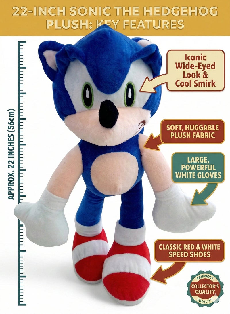 SONIC 22 Inch Jumbo Sonic Plush Toy for Kids – Soft Blue Hedgehog Stuffed Animal Figure | Classic Video Game Character Huggable Doll | Bedroom Decor, Birthday, Eid & Ramadan Gift for Boys & Girls - Image 2