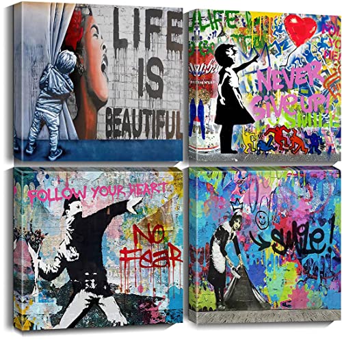 Biufo Banksy Canvas Wall Art Prints Pop Street Art Picture Paintings for Living Room Bedroom Wall Decor (16"x16"x4Pcs) - Image 1