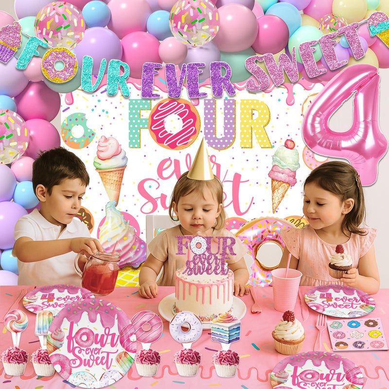 BEOXAGAR Four Ever Donut Sweet Birthday Decorations for girl Ice Cream 4th Birthday Girl Decorations Include glitter Banner, Plates, Napkins, Tablecloth, Paper Cups, Forks, Donut Balloons - Image 3