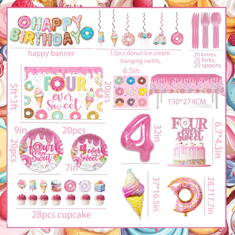 BEOXAGAR Four Ever Donut Sweet Birthday Decorations for girl Ice Cream 4th Birthday Girl Decorations Include glitter Banner, Plates, Napkins, Tablecloth, Paper Cups, Forks, Donut Balloons - Image 5