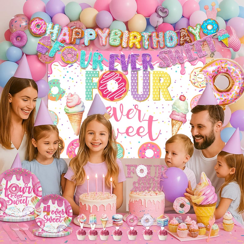 BEOXAGAR Four Ever Donut Sweet Birthday Decorations for girl Ice Cream 4th Birthday Girl Decorations Include glitter Banner, Plates, Napkins, Tablecloth, Paper Cups, Forks, Donut Balloons - Image 2