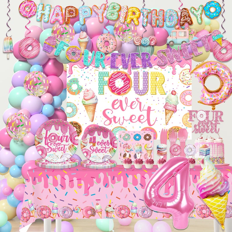 BEOXAGAR Four Ever Donut Sweet Birthday Decorations for girl Ice Cream 4th Birthday Girl Decorations Include glitter Banner, Plates, Napkins, Tablecloth, Paper Cups, Forks, Donut Balloons - Image 1