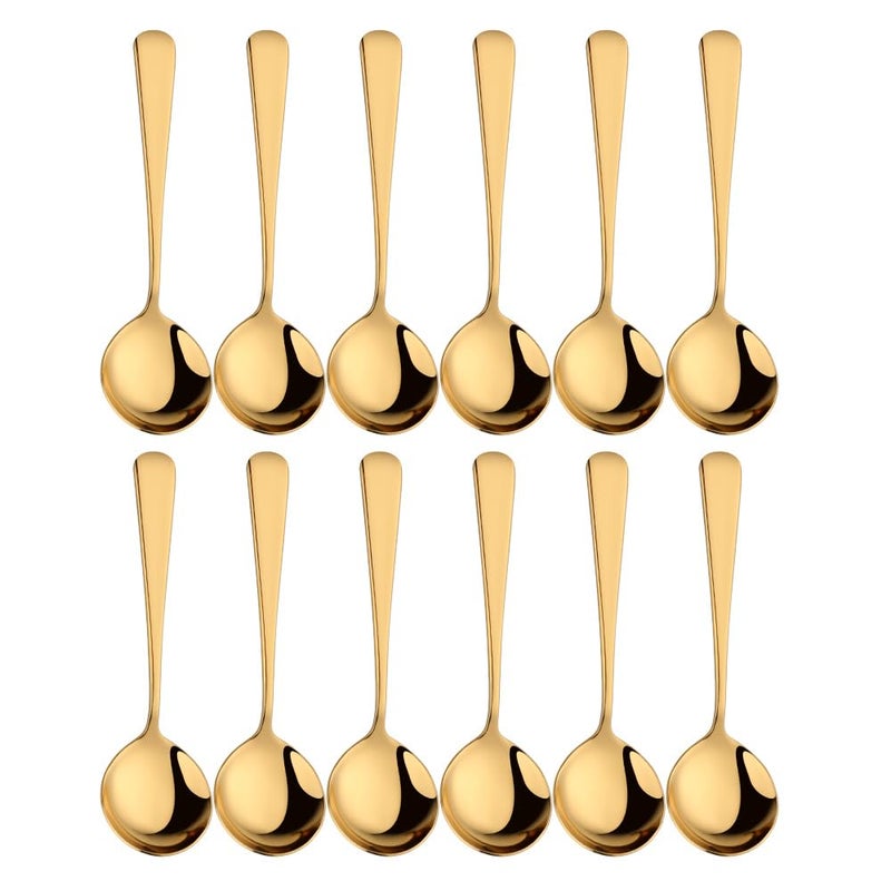 BISDARUN Broth Round Spoon Set, 12-Piece Reusable Stainless Steel Dinner Table Cereal Soup Spoon, Camping Ramen Spoons Gold - Image 1