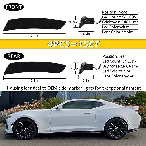 Bestview Smoked LED Side Marker Lights for Chevy Camaro 2016 2017 2018 2019 2020 2021, 2014-up Cadillac CTS,2015-up Cadillac ATS, 6th Gen Camaro Front Rear Bumper Sidemarker Lamps White (4 PCS) - Image 5