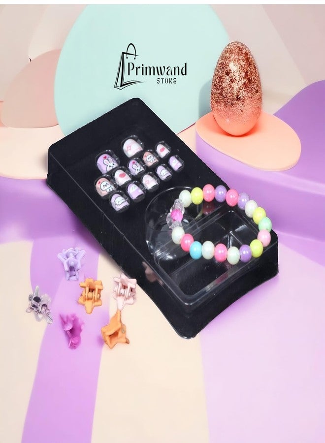 Primwand مجموعة بريمواند لتزيين أظافر الأطفال - أظافر لاصقة لطيفة، سوار خرز ملون، ومشابك شعر - مجموعة أزياء ممتعة للفتيات - سهلة الاستخدام - Image 2