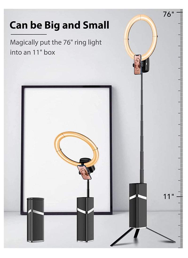 Ring Light with Tripod Stand and Phone Clip 10.2in/26cm, Selfie Light for Phone with Battery, LED Circle Light for Vlog, Social Media, Photos, Video Calls Recording (190cm Foldable)
