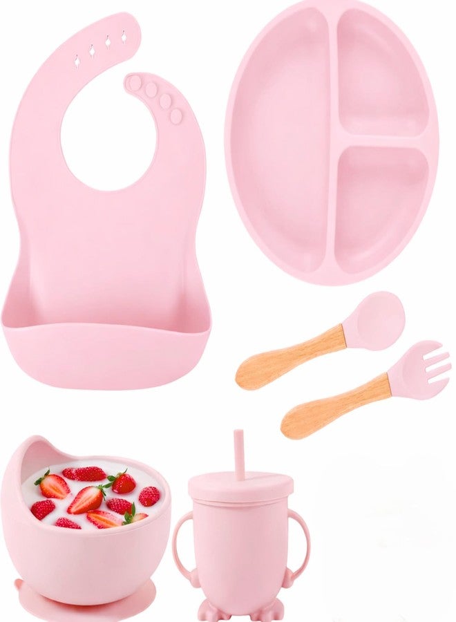 ENAHOLE Silicone Baby Feeding Set – Baby Led Weaning Supplies – Baby Spoons/Suction Bowl/Plate/Bib/Sippy Cup – Baby Utensils Set – Baby First Foods Essentials – 6pcs Feeding Accessories (Light Pink) - Image 1