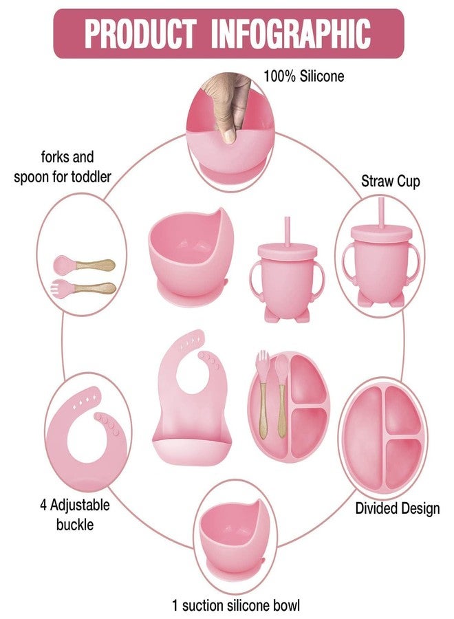 ENAHOLE Silicone Baby Feeding Set – Baby Led Weaning Supplies – Baby Spoons/Suction Bowl/Plate/Bib/Sippy Cup – Baby Utensils Set – Baby First Foods Essentials – 6pcs Feeding Accessories (Light Pink) - Image 4